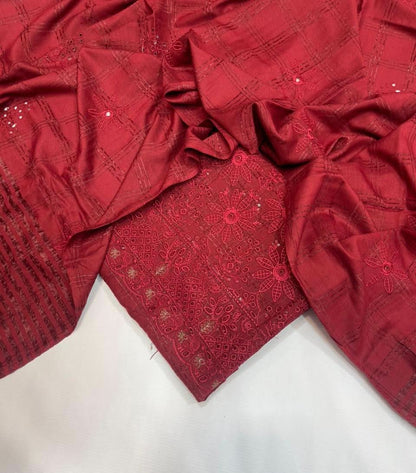 Uzma Dhanak Embroidered 3Pc | Maroon - Memon Clothes