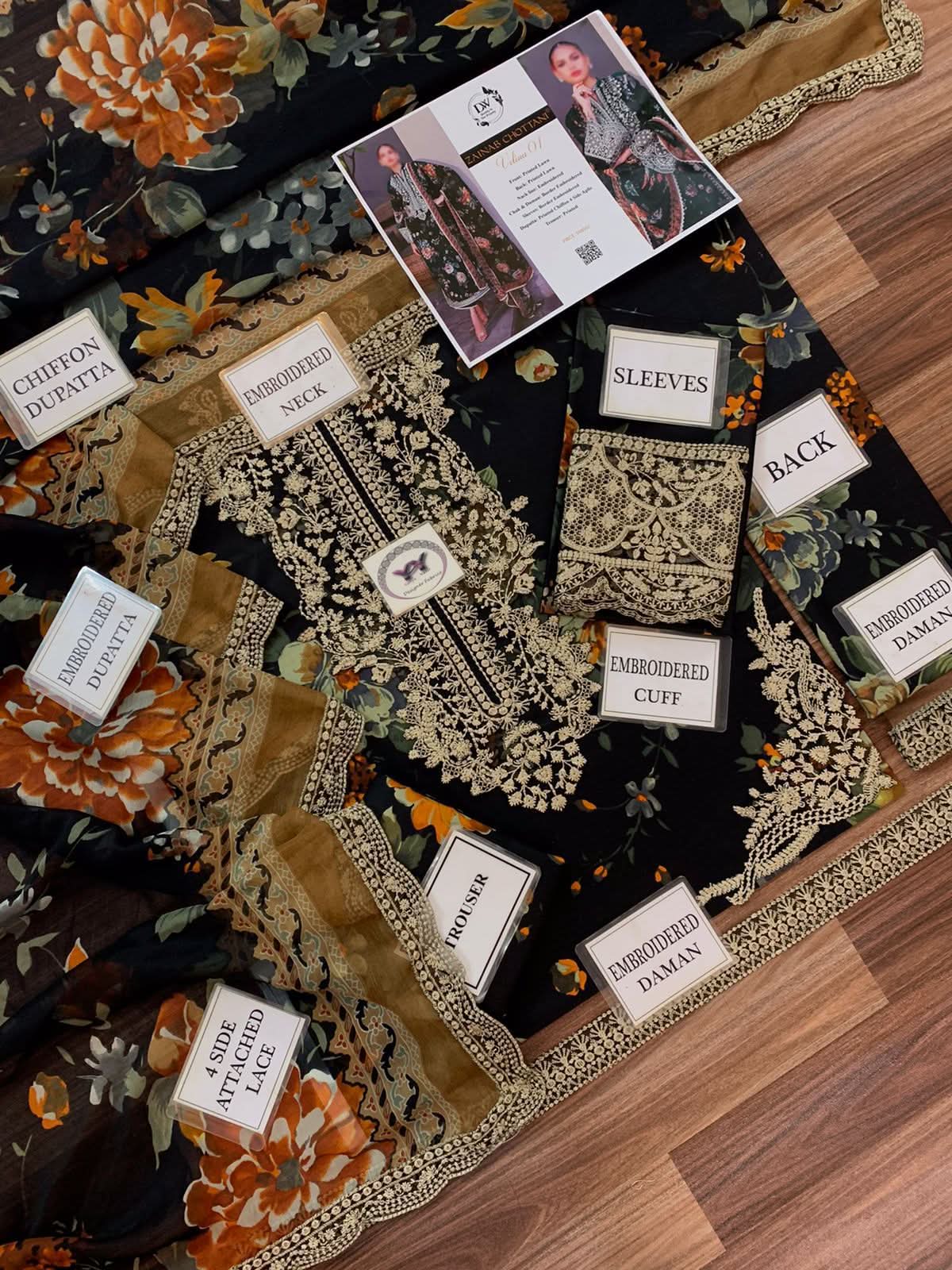 Zainab Chottani Digital Print 3 Pcs | Black - Memon Clothes